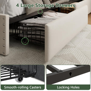 Upholstered Platform Bed Frame with Storage Drawers, LED Lights & Charging Station