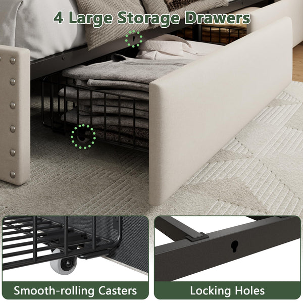 Upholstered Platform Bed Frame with Storage Drawers, LED Lights & Charging Station
