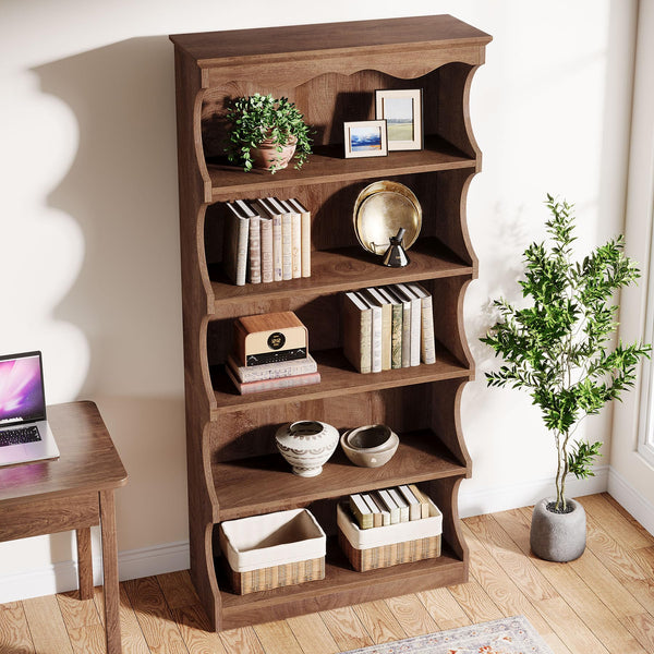 5-Tier Tall Bookcase with Curved-Edge Design