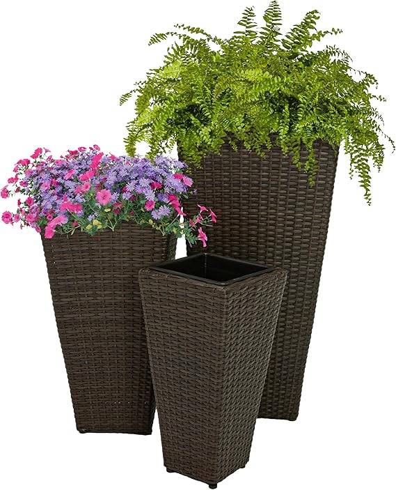 Tall Square Polyrattan Outdoor Planter Set of 3