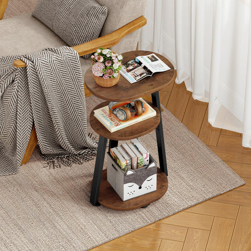 Oval End Table with Metal Frame & 3-Tier Storage