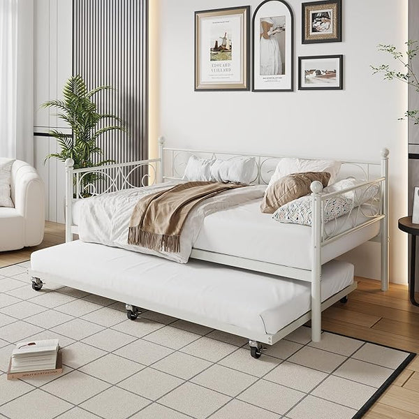 Twin Daybed with Trundle – Metal Frame, Space-Saving Sofa Bed