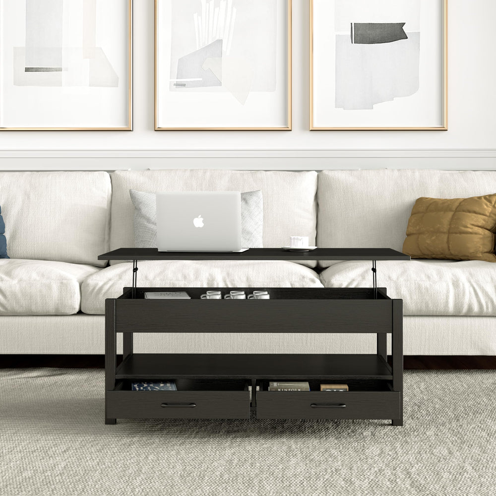 Lift Top Coffee Table with 2 Drawers and Open Shelf