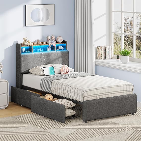 Twin Bed Frame with Storage Drawers, Charging Station & LED Lights
