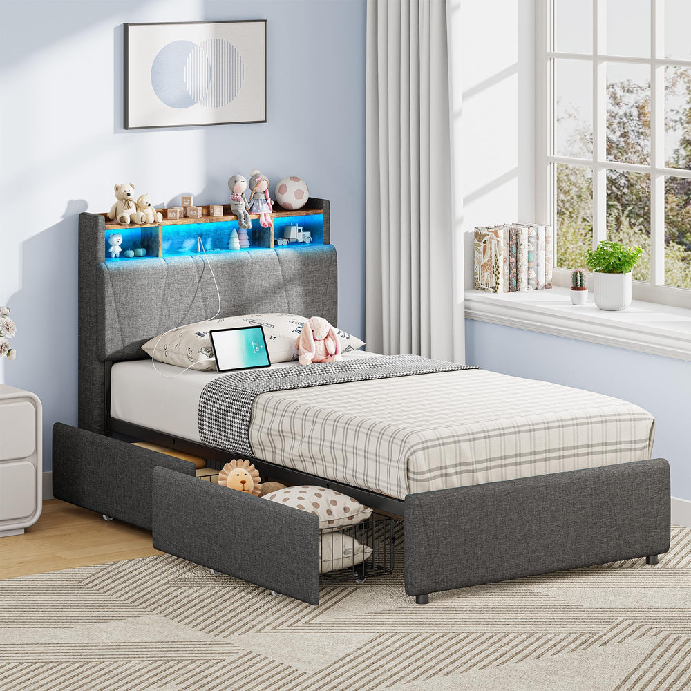Twin Bed Frame with Storage Drawers, Charging Station & LED Lights