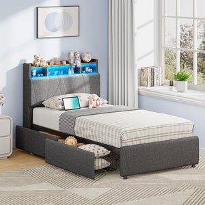 Twin Bed Frame with Storage Drawers, Charging Station & LED Lights