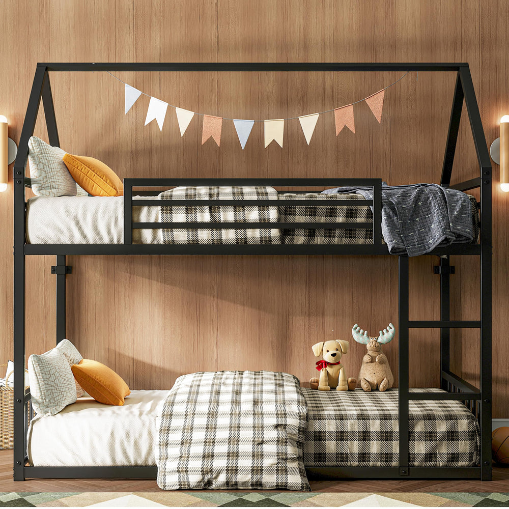 Twin Over Twin House Bunk Bed with Metal Frame, Ladder & Guardrail