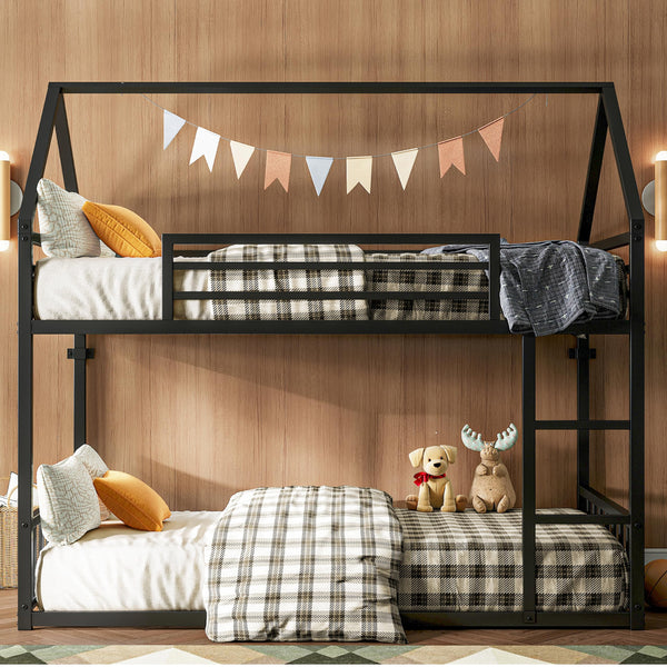 Twin Over Twin House Bunk Bed with Metal Frame, Ladder & Guardrail