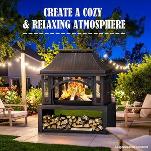 39" Outdoor Wood Burning Fire Pit with Chimney & Wood Storage