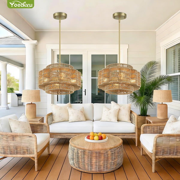 Petal-Shaped Boho Rattan Chandelier – Handwoven Pendant Light