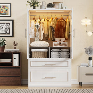 Armoire Wardrobe Closet with Glass Doors, Drawers & LED Light