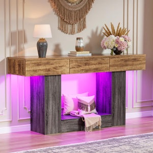 63" Farmhouse Console Table with LED Lights, Hidden Safe & 3 Drawers