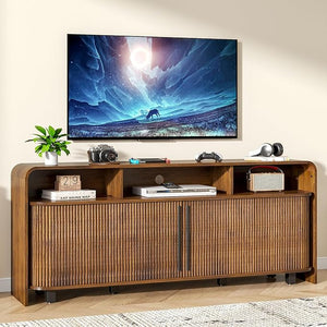 Fluted TV Stand with Sliding Doors & Adjustable Shelves