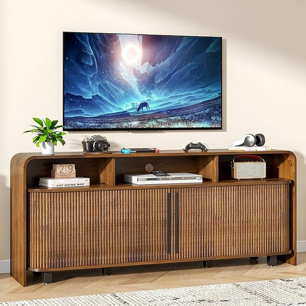 Fluted TV Stand with Sliding Doors & Adjustable Shelves