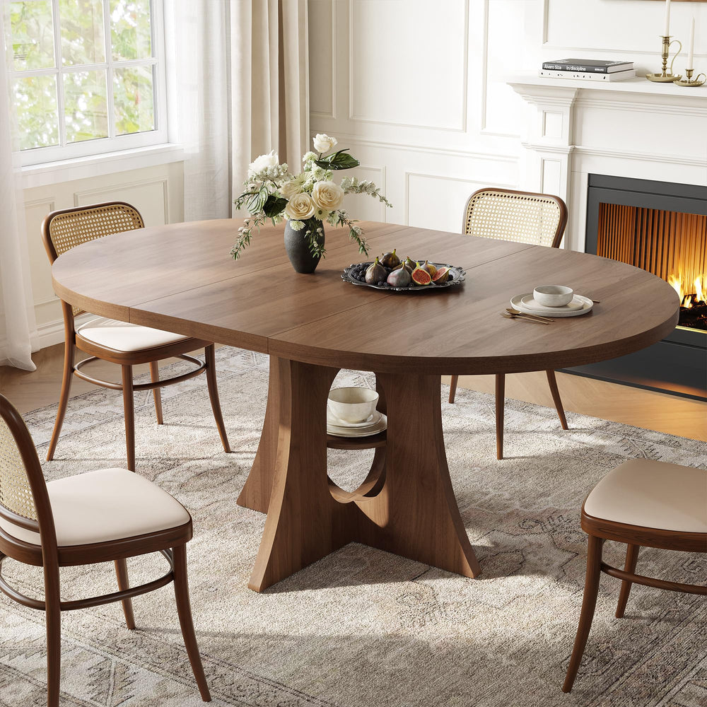 Extendable Round Dining Table with Storage Shelf | 43.3" to 59" Oval