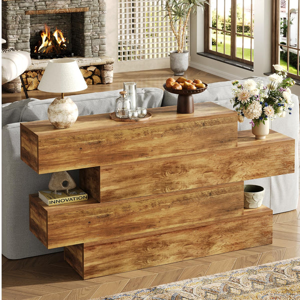 63-Inch 4-Tier Staggered Console Table – Walnut