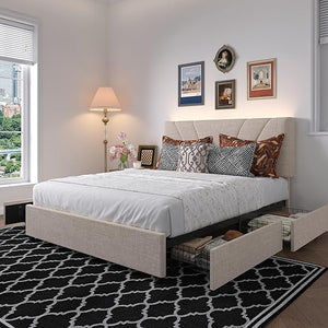 Queen Bed Frame with LED Lights, Drawers & Charging Station