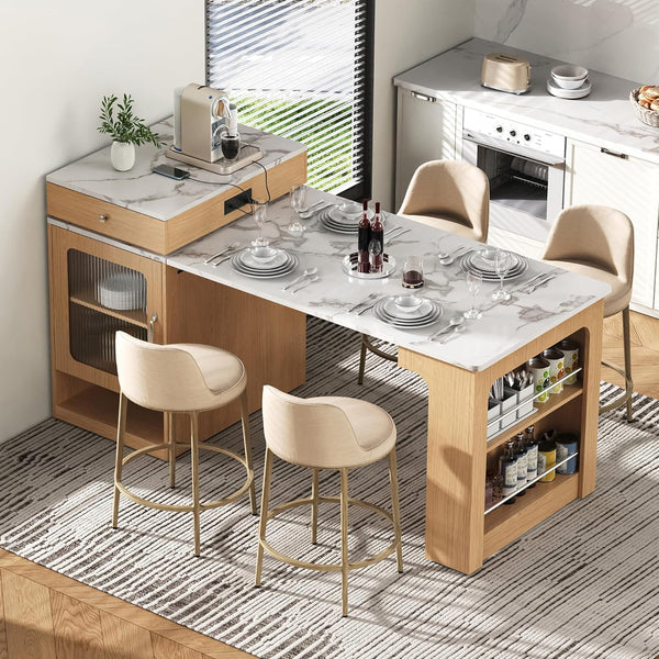 Kitchen Island with Extendable Dining Table, Rolling Storage, Power Outlet & Drawers