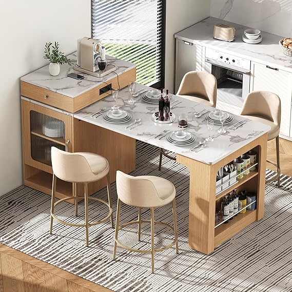 Kitchen Island with Extendable Dining Table & Power Outlet