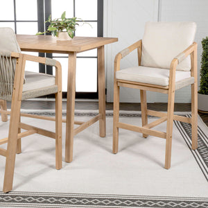 Acacia Wood Outdoor Bar Stools with Cushions & Armrests (Set of 2)