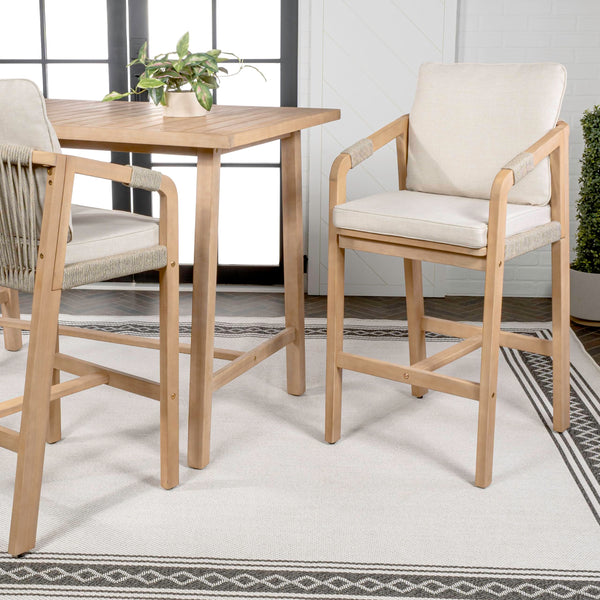 Acacia Wood Outdoor Bar Stools with Cushions & Armrests (Set of 2)