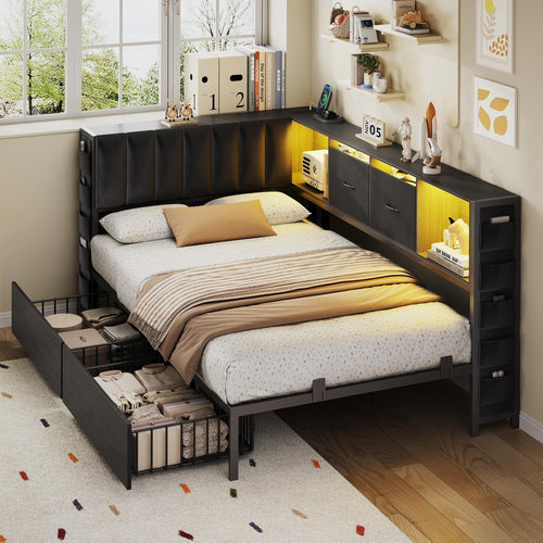 Twin Corner Bed Frame with Storage Headboard, LED Lights & Charging Station