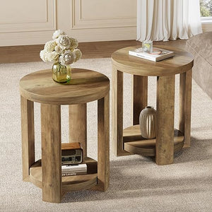 2-Tier Round Side End Table with Storage Shelves
