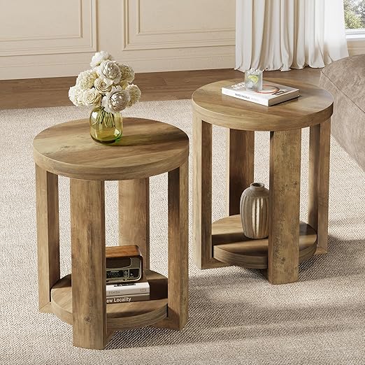 2-Tier Round Side End Table with Storage Shelves