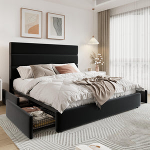 Queen Platform Bed Frame with Storage Drawers & Velvet Headboard