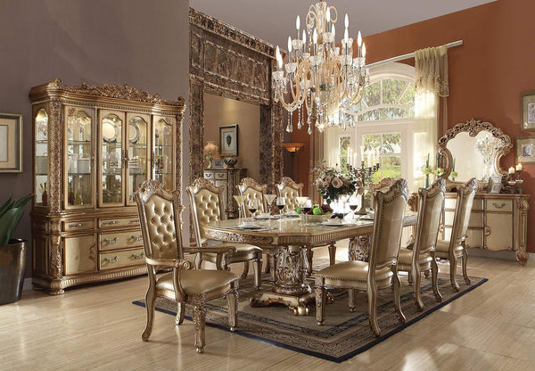 9-Piece Formal Dining Set – Extendable Pedestal Table & 8 Upholstered Chairs