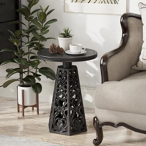 Round Carved Floral End Table – Rustic Farmhouse Accent Table