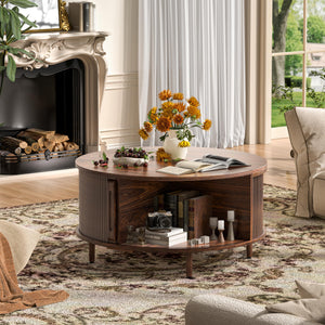 Round Lift-Top Coffee Table with Storage & Fluted Door