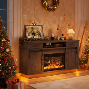 Farmhouse Fireplace TV Stand with LED Light & Sliding Barn Door