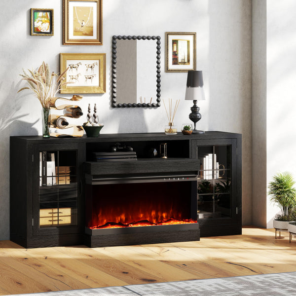 63" Fireplace TV Stand with 3-Sided Electric Fireplace & Glass Door Storage