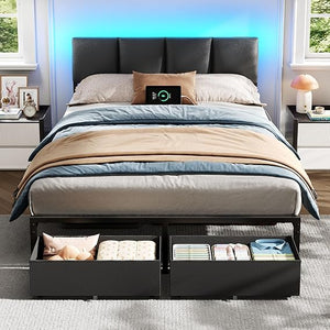 Queen Bed Frame with LED Lights, Storage Drawers & Charging Station