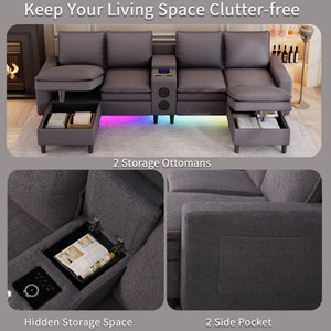 L-Shaped Sectional Sofa with Bluetooth Speaker, LED Lights & Charging Station