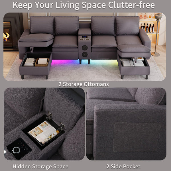 L-Shaped Sectional Sofa with Bluetooth Speaker, LED Lights & Charging Station