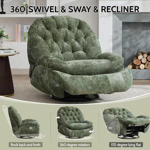 Oversized Swivel Rocker Recliner Chair with Phone Holder – Chenille Fabric, Green