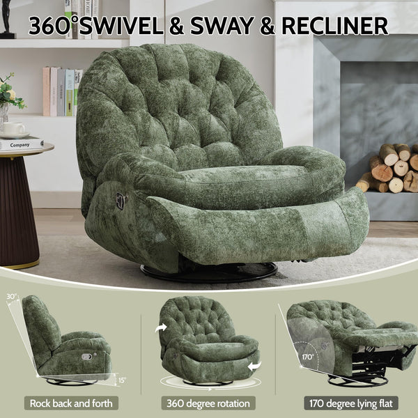 Oversized Swivel Rocker Recliner Chair with Phone Holder – Chenille Fabric, Green