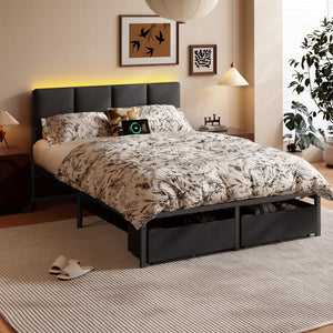 Full Size Bed Frame with LED Lighting, USB Charging & Storage Drawers