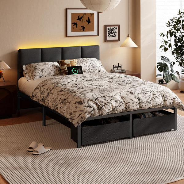 Full Size Bed Frame with LED Lighting, USB Charging & Storage Drawers