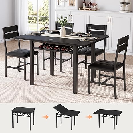 5-Piece Extendable Dining Table Set with PU Leather Chairs & Storage Rack
