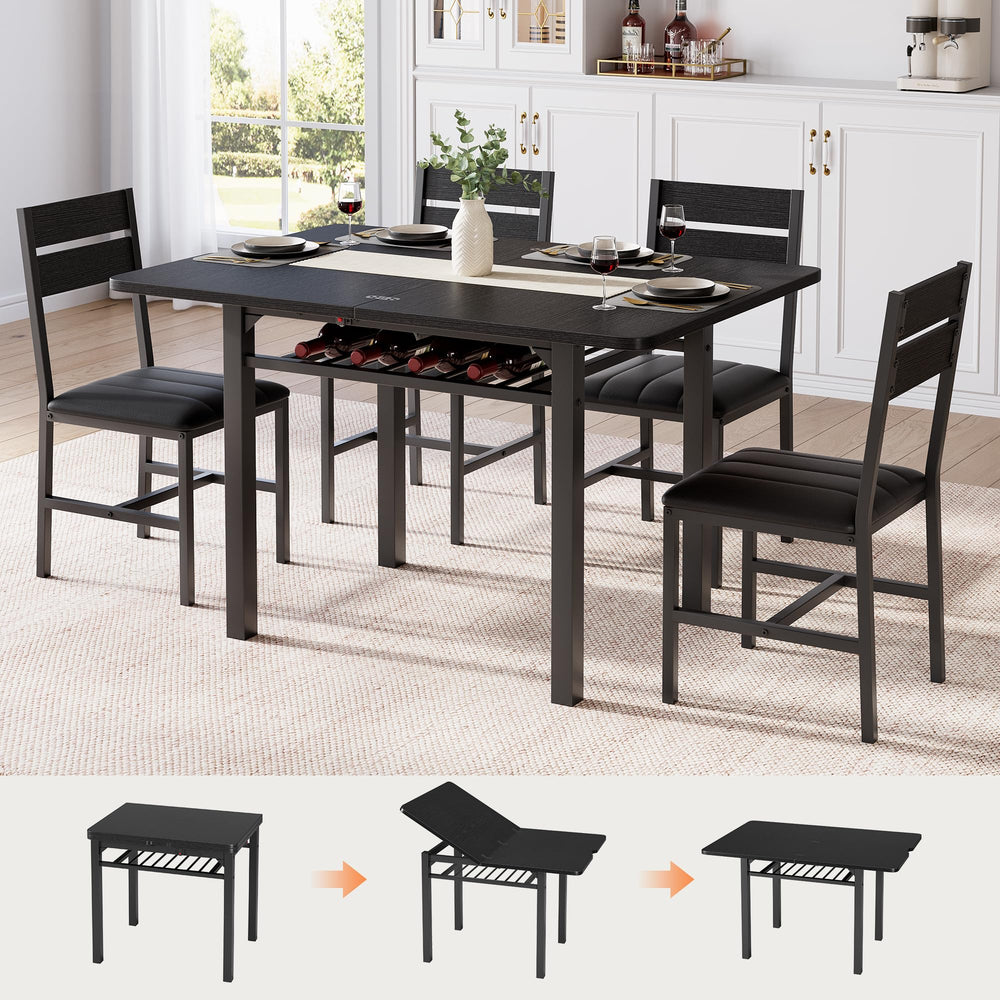 Extendable Dining Table Set for 4 with Upholstered Chairs & Storage Rack