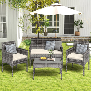 4-Piece Outdoor Wicker Patio Conversation Set with Cushions & Table