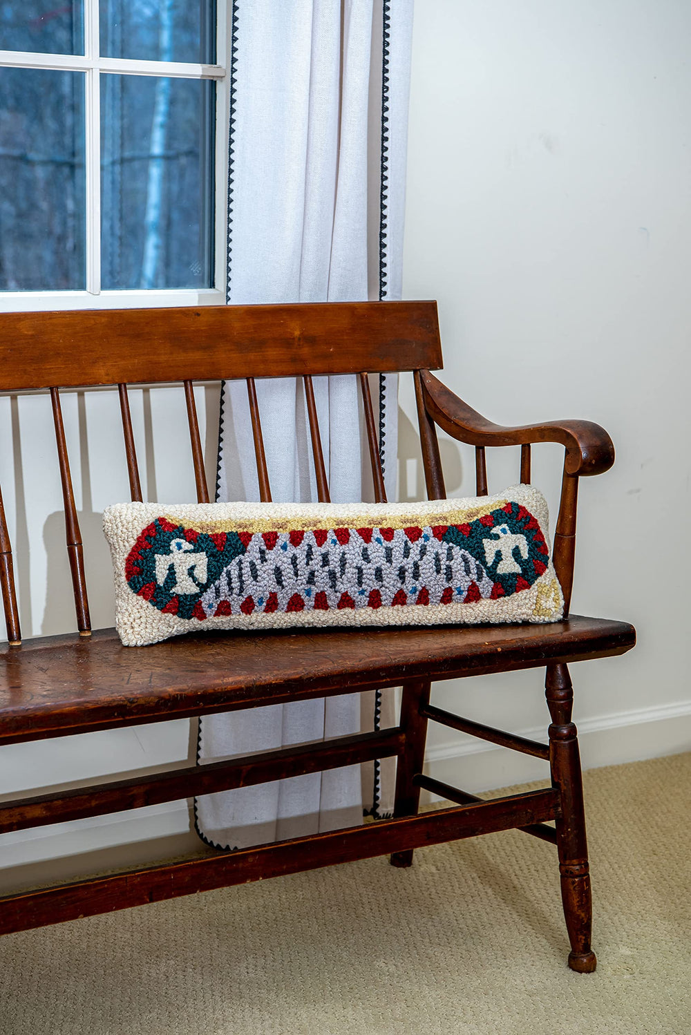 Hand-Hooked Wool Lumbar Throw Pillow – Longboat Canoe with Eagle, 8" x 24"