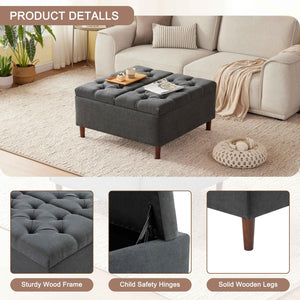 Large Lift-Top Storage Ottoman Coffee Table – Square Tufted Upholstered Ottoman
