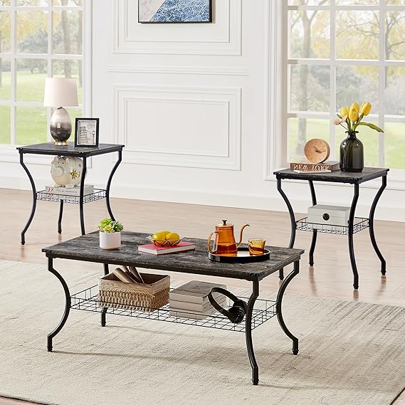 3-Piece Living Room Coffee Table Set with Storage Shelves