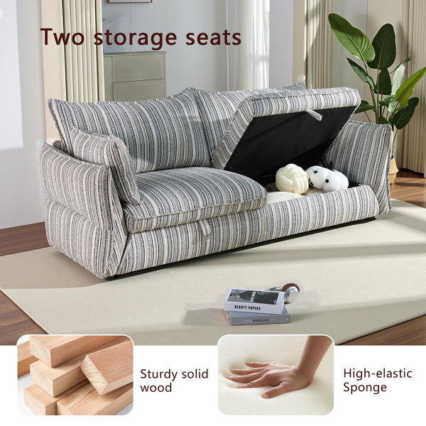 86" 3-Seater Storage Sofa with Striped Fabric & Wood Frame