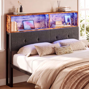 Queen Upholstered Headboard with Storage, LED Light & Charging Station