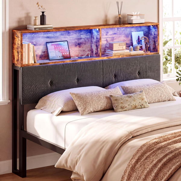 Queen Upholstered Headboard with Storage, LED Light & Charging Station